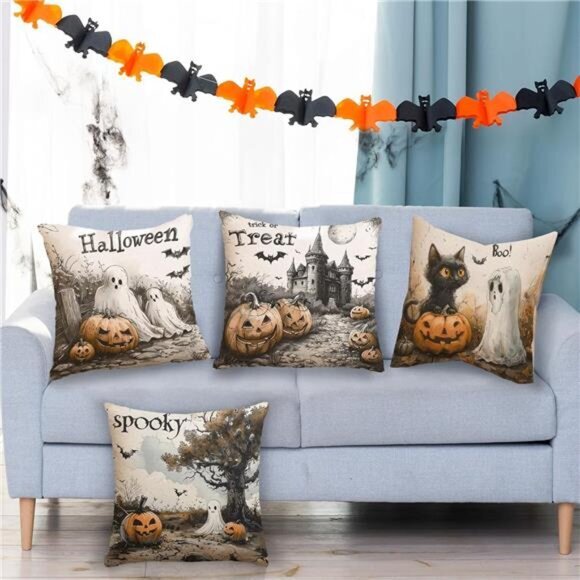 Set of 4 Halloween Pillow Covers -18x18 Inch 'Boo' Ghost & Evil Pumpkin Cushion - Picture 3 of 7